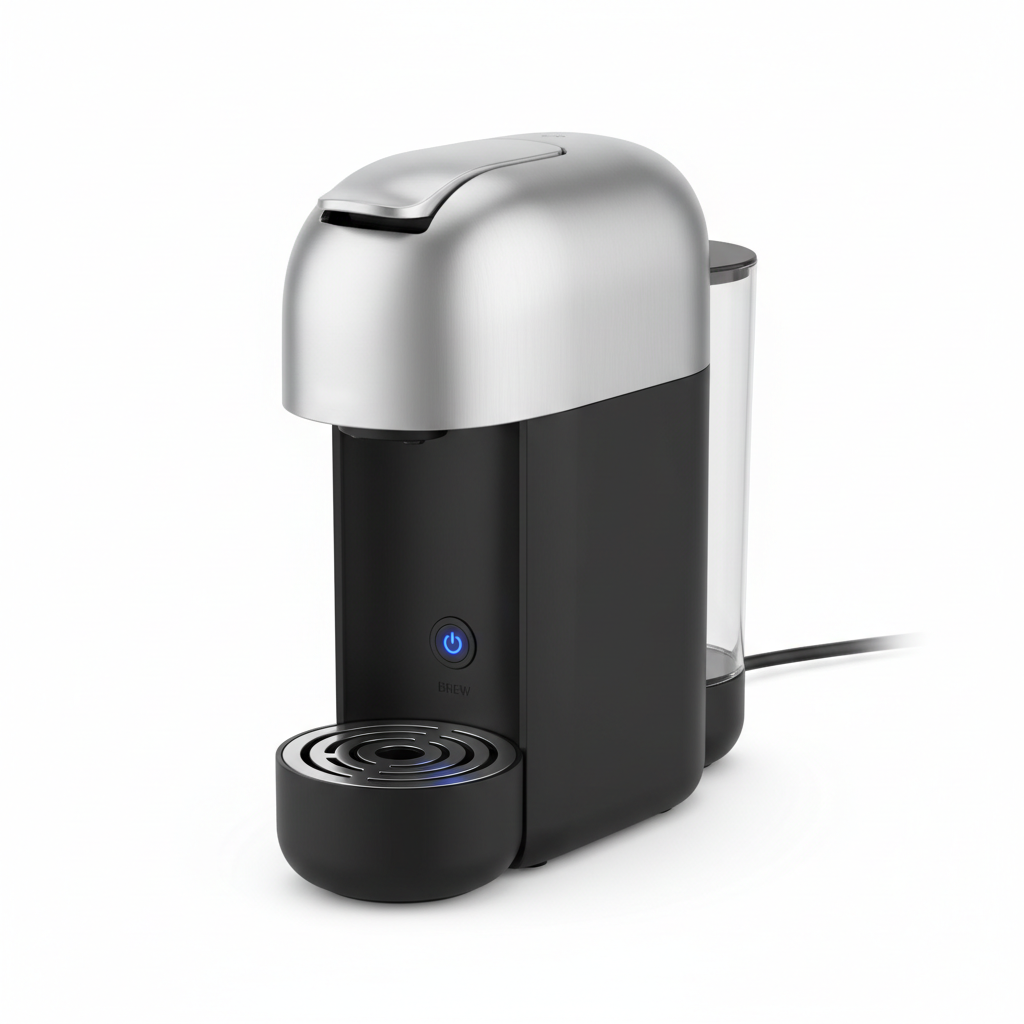 Compact single cup coffee maker, cup-sized design in black and silver