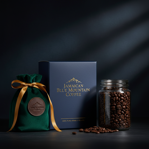 Jamaican Blue Mountain premium coffee beans in luxury packaging