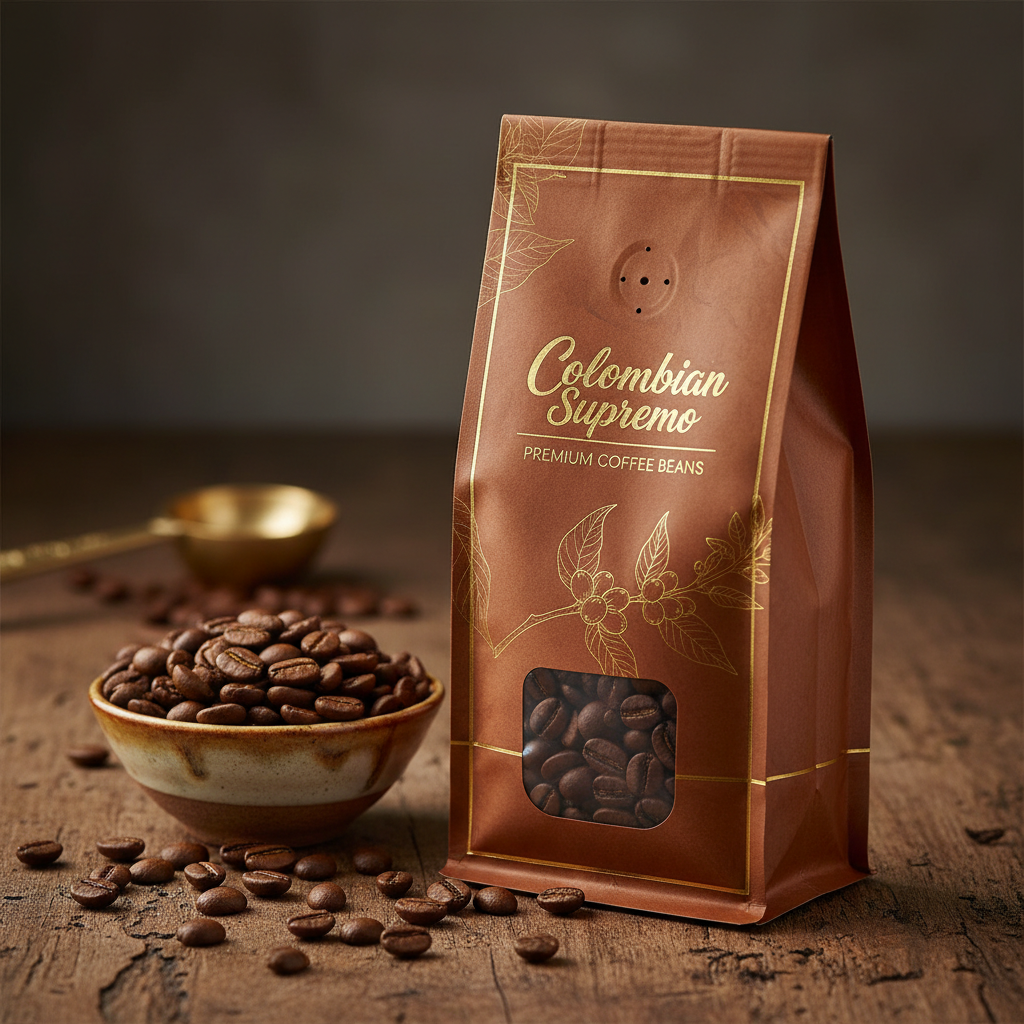Colombian Supremo premium coffee beans in warm caramel toned packaging