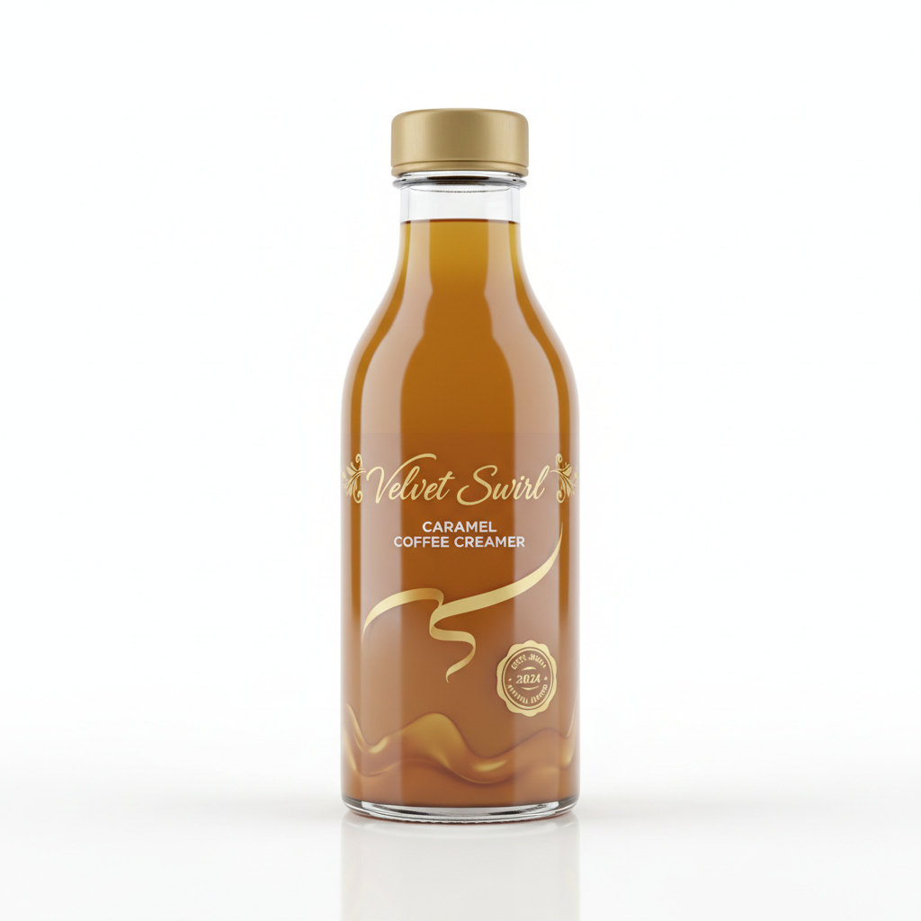 Premium caramel coffee creamer bottle with golden caramel color