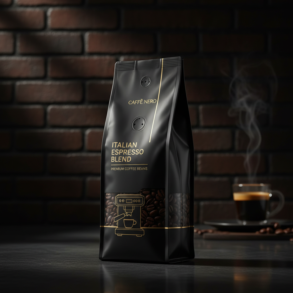 Italian espresso blend premium coffee beans in sleek modern packaging
