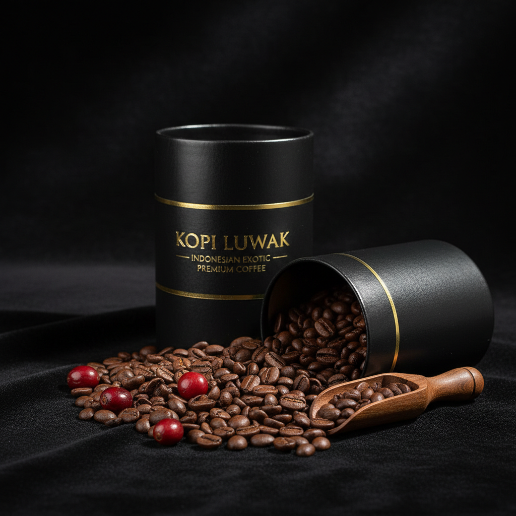 Indonesian Kopi Luwak exotic premium coffee beans in sophisticated packaging